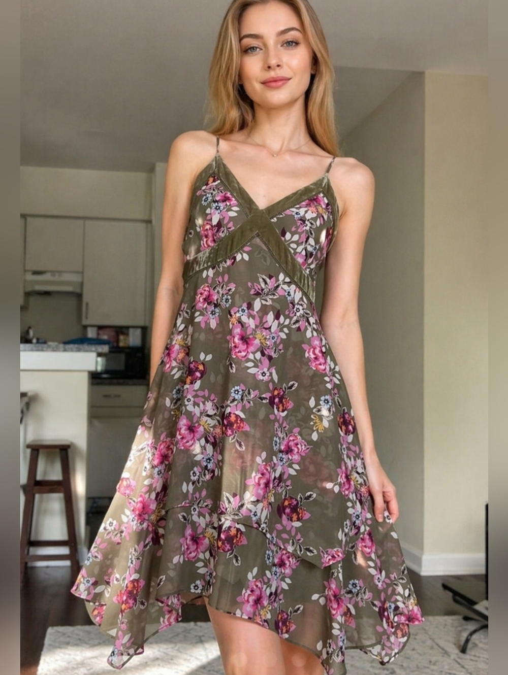🌸White House Black Market Olive Floral Asymmetrical Dress with Pink Blooms 90s